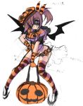  1girl costume highres legwear pumpkin pumpkin_hat sketch solo striped striped_legwear thigh-highs white_background wings 