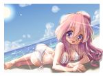  1girl barefoot beach bikini breasts cleavage glasses katahira_masashi lucky_star medium_breasts ocean outdoors solo sun swimsuit takara_miyuki 