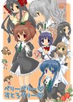  6+girls aoi_nagisa apron beige_background black_dress black_hair blue_eyes blue_hair bow bowtie brown_hair chibi collar dress everyone frills full_body hair_bobbles hair_bow hair_ornament hanazono_shizuma heart index_finger_raised juliet_sleeves konohana_hikari long_sleeves looking_at_viewer lowres maid_headdress minamoto_chikaru multiple_girls nanto_yaya pantyhose profile puffy_sleeves red_bow red_bowtie red_eyes short_hair sidelocks silver_hair simple_background standing star strawberry_panic! suzumi_tamao tsukidate_chiyo white_legwear 