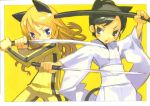  2girls animal_ears beatrix_kiddo black_hair blonde_hair blue_eyes bruce_lee&#039;s_jumpsuit cat_ears cat_tail highres japanese_clothes katana kill_bill kimono kuroboshi_kouhaku multiple_girls o-ren_ishii parody scabbard sheath shirasaya sword tail track_suit weapon 