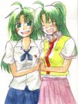  2girls blush green_eyes green_hair higurashi_no_naku_koro_ni long_hair lowres multiple_girls ponytail siblings sisters sonozaki_mion sonozaki_shion traditional_media twins yayoi_mutsuki 