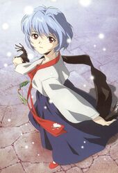  1girl ayanami_rei blue_hair casual hanbok highres korean_clothes neon_genesis_evangelion nerv outdoors red_eyes scan scarf short_hair smile snow snowflakes snowing solo takamura_kazuhiro 