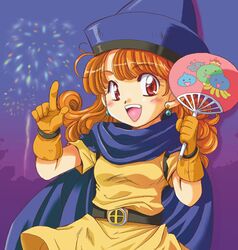  1girl alena_(dq4) chunsoft dragon_quest dragon_quest_iv enix fan lowres paper_fan redhead skirt solo uchiwa yellow_skirt 