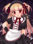  1girl apron black_gloves blonde_hair blush cat fang gloves maid maid_apron maid_headdress original red_eyes solo star starry_background 