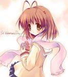  1girl antenna_hair brown_hair clannad furukawa_nagisa paco pink_scarf scarf school_uniform serafuku solo valentine 