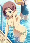  2girls adjusting_hair ball bent_over bikini blue_eyes blush breasts brown_hair cleavage duplicate front-tie_top green_bikini koutaro leaning_forward looking_at_viewer medium_breasts multiple_girls original partially_submerged pool pool_ladder poolside school_swimsuit short_hair side-tie_bikini small_breasts smile solo_focus swimsuit thigh_gap water wet 