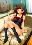  1girl :p antenna_hair azumi_amane bow breasts brown_eyes brown_hair chocolate couch erect_nipples feet jpeg_artifacts kneehighs large_breasts naughty_face one-piece_swimsuit original sitting socks solo soshina_nohito swimsuit tongue tongue_out 