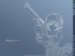  1girl aiming blue_background cowboy_shot ein ein_(phantom) gun handgun holding holding_weapon long_sleeves monochrome nitroplus phantom_of_inferno pistol pleated_skirt simple_background skirt solo upper_body wallpaper weapon 