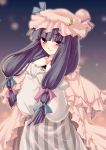  1girl bow crescent female hat kokono_coco long_hair patchouli_knowledge pink_bow purple_hair ribbon solo touhou violet_eyes 