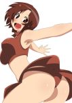  1girl ass breasts brown_eyes brown_hair looking_back meiko open_mouth simple_background smile solo toudori upskirt vocaloid 