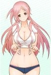  1girl :o bad_id breasts cleavage curvy dragonaut hips huge_breasts large_breasts long_hair midriff nervous passione222 pink_hair shirt_lift solo sweat toa wide_hips 