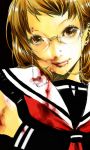 1girl blood glasses goshiki_suzu piercing simple_background solo 