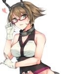  1girl adjusting_glasses bespectacled breasts brown_hair glasses gloves green_eyes hairband headgear heart highres kantai_collection large_breasts looking_at_viewer midriff mutsu_(kantai_collection) parted_lips radio_antenna red-framed_eyewear rinarisa semi-rimless_glasses short_hair solo under-rim_glasses white_gloves 