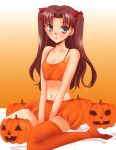  1girl fate/stay_night fate_(series) halloween jack-o&#039;-lantern midriff navel orange_(color) orange_background orange_legwear orange_skirt pumpkin sitting skirt solo thigh-highs tohsaka_rin two_side_up v_arms wariza zettai_ryouiki 