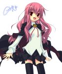  1girl black_legwear cape gota_nao gotou_nao long_hair louise_francoise_le_blanc_de_la_valliere pentacle pink_hair red_eyes skirt smile solo thigh-highs white_background zero_no_tsukaima zettai_ryouiki 