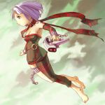  1girl asymmetrical_clothes barefoot breasts chains cleavage detached_sleeves dress gun lavender_hair orta panzer_dragoon panzer_dragoon_orta scarf sky solo strapless strapless_dress tube_dress weapon 