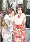  2girls bag brown_hair glasses handbag japanese_clothes kasuga_shun kimono multiple_girls short_hair tree 