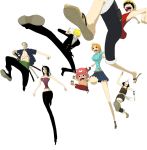  2girls 4boys bad_anatomy cigarette from_below haramaki hat jumping monkey_d_luffy multiple_boys multiple_girls nami_(one_piece) nico_robin one_piece pink_hat roronoa_zoro sanji simple_background smoking tony_tony_chopper usopp 