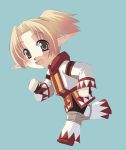  1girl :d blonde_hair blue_background brown_eyes final_fantasy final_fantasy_xi from_side full_body gloves knee_pads long_sleeves looking_at_viewer looking_to_the_side open_mouth pointy_ears robe running short_hair simple_background smile solo tarutaru white_gloves white_mage 