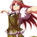  1girl bloom blue_eyes chinese_clothes female fukurou hong_meiling long_hair orange_hair outstretched_arms puffy_sleeves smile solo spread_arms stretch the_embodiment_of_scarlet_devil touhou 