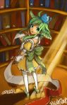  15 aqua_eyes book bow cat dress green_hair karu_(trickster) looking_back maid mint_(trickster) open_mouth thigh-highs trickster 