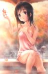  1girl autumn autumn_leaves black_hair brown_hair goto_p holding leaf maple_leaf naked_towel onsen original outdoors red_eyes sitting solo sunny sunny_(goto_p) towel wet 