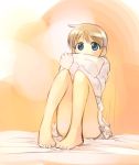  1girl androgynous barefoot bed blue_eyes bottomless feet ikeda_jun_(mizutamari) nightshirt original pillow sitting solo toes 