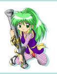  1girl bazooka fishnets ganbare_goemon green_hair japanese_clothes lowres ninja ponytail solo weapon yae yae_(ganbare_goemon) 