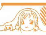  1girl aria athena_glory closed_mouth creature food frown fruit kotatsu lying monochrome on_stomach orange orange_(color) peeking president_maa short_hair sidelocks solo table 