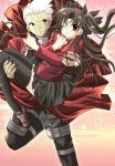  1boy 1girl archer carrying dark_skin dark_skinned_male fate/stay_night fate_(series) lowres princess_carry size_difference thigh-highs tohsaka_rin two_side_up 