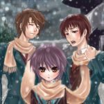  1girl 2boys bad_id koizumi_itsuki kyon multiple_boys nagato_yuki saiun_hanatsubasa scarf shared_scarf snow suzumiya_haruhi_no_yuuutsu winter 