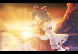  1girl bow detached_sleeves female hair_bow hair_ribbon hakurei_reimu letterboxed long_hair ribbon solo sun tokiame touhou tree 