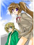  00s 1boy 1girl 2006 :d blazer blush brown_hair brown_skirt dated glasses green_eyes jacket light_rays long_hair long_sleeves looking_at_viewer lyrical_nanoha mahou_shoujo_lyrical_nanoha mahou_shoujo_lyrical_nanoha_a&#039;s minazoi_kuina open_clothes open_jacket open_mouth plaid ponytail rimless_glasses school_uniform serafuku side_ponytail skirt smile sunlight takamachi_nanoha very_long_hair violet_eyes yuuno_scrya 