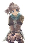  1girl :d arm_guards armor belt blue_eyes brown_hair cowboy_shot final_fantasy final_fantasy_xi hands_on_own_knees hume leather looking_at_viewer open_mouth ranger scarf short_hair shoulder_pads simple_background sitting smile solo white_background 