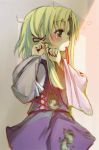  1girl blonde_hair buriki female hairdressing moriya_suwako mouth_hold no_hat no_headwear solo touhou 