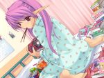  1girl 5pb. barefoot bed calendar_(object) candy comic dorm dutch_angle elf feet food game_cg handheld_game_console looking_back manga_(object) mouth_hold onigirikun pajamas pastel_chime pastel_chime_continue phil_ehart playing_games pocky pointy_ears print_pajamas purple_hair red_eyes sitting snack solo sweets video_game wariza 