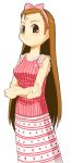  1girl blush brown_eyes brown_hair crossed_arms eyebrows hairband idolmaster long_hair long_skirt looking_at_viewer minase_iori simple_background skirt sleeveless smile solo standing striped vertical_stripes white_background 
