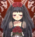  1girl ar_tonelico ar_tonelico_ii blush bouquet bridal_veil bride dark_bride dress flower gothic gust jakuri rose solo tasaka_shinnosuke veil violet_eyes wedding_dress 