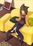 1girl animal_hat boots couch hat mitsumi_misato original sitting skirt yellow_upholstery 