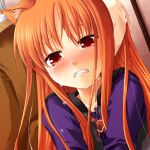  1girl animal_ears clenched_teeth fangs holo solo spice_and_wolf tears teeth tilm wolf_ears 
