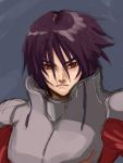  00s 1boy armor blue_background closed_mouth frown gundam gundam_seed gundam_seed_destiny hair_between_eyes looking_at_viewer male_focus purple_hair red_eyes shinn_asuka sketch solo upper_body 