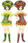  15 bare_shoulders black_hair boots dress green_eyes hat innertube kochi_(trickster) original pachi_(trickster) red_eyes siblings simple_background standing symmetry trickster twins 