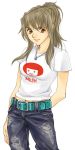  00s 1girl belt brown_hair casual clothes_writing contemporary cowboy_shot denim fujino_shizuru jeans jewelry mico3 my-hime necklace pants ponytail ring shirt solo t-shirt 
