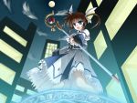  1girl black_gloves blue_eyes bow brown_hair cityscape clouds fighting_stance fingerless_gloves from_below full_body full_moon gloves holding holding_weapon lyrical_nanoha magazine_(weapon) magic_circle magical_girl mahou_shoujo_lyrical_nanoha mahou_shoujo_lyrical_nanoha_a&#039;s moon open_mouth polearm raising_heart red_bow redhead rod solo sphere staff standing takamachi_nanoha twintails violet_eyes wallpaper weapon 