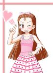  1girl ;d armpits bare_shoulders blush bow brown_eyes brown_hair collarbone dress hair_bow hairband hand_on_hip heart idolmaster long_hair looking_at_viewer minase_iori one_eye_closed open_mouth pink_bow pink_dress shinjou_ryou sleeveless sleeveless_dress smile solo very_long_hair wink 