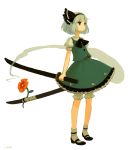  1girl bow dress female flower frills hair_bow hitodama iwamoto_james katana konpaku_youmu konpaku_youmu_(ghost) legs short_hair solo standing sword touhou weapon 