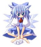  1girl animal_ears barefoot bow cat cat_ears cirno female ichidai_taisa indian_style lowres sitting solo touhou 