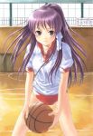  1girl basketball buruma clannad fujibayashi_kyou gym_uniform hair_ribbon indoors ribbon shibahime_kyou solo yamamoto_shima 