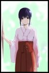  1girl blue_hair japanese_clothes miko original palmeros red_hakama solo 