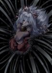  1girl bamboo bamboo_forest dark female forest from_above fujiwara_no_mokou kokono_coco long_hair long_sleeves looking_at_viewer looking_up nature ofuda pale_skin pants red_eyes silver_hair solo suspenders touhou very_long_hair 
